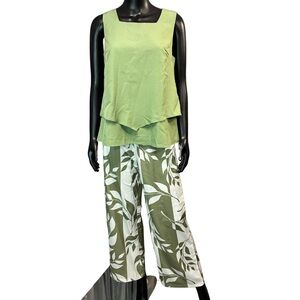 Elegant Olive Green Top and Leaf Print Wide Leg Pants Set
